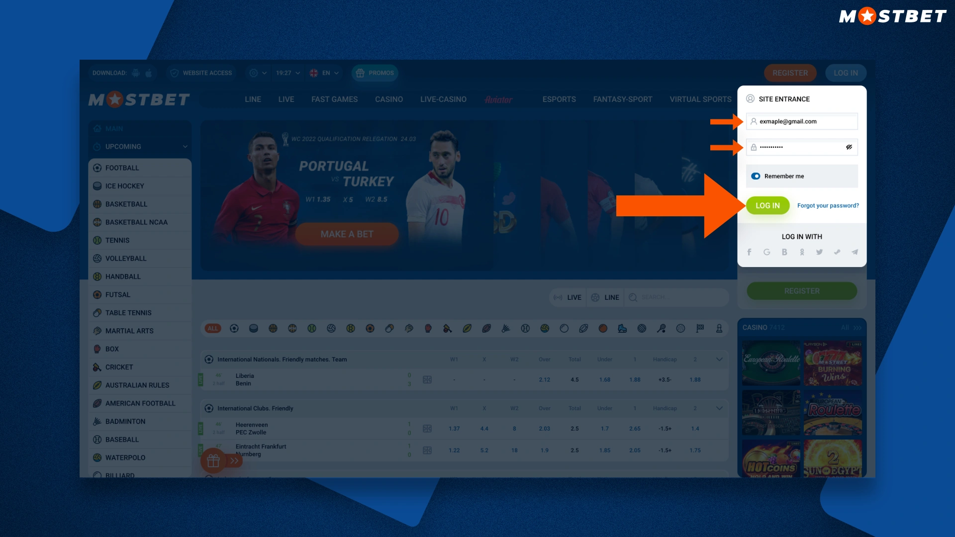 authorization form on the mostbet website
