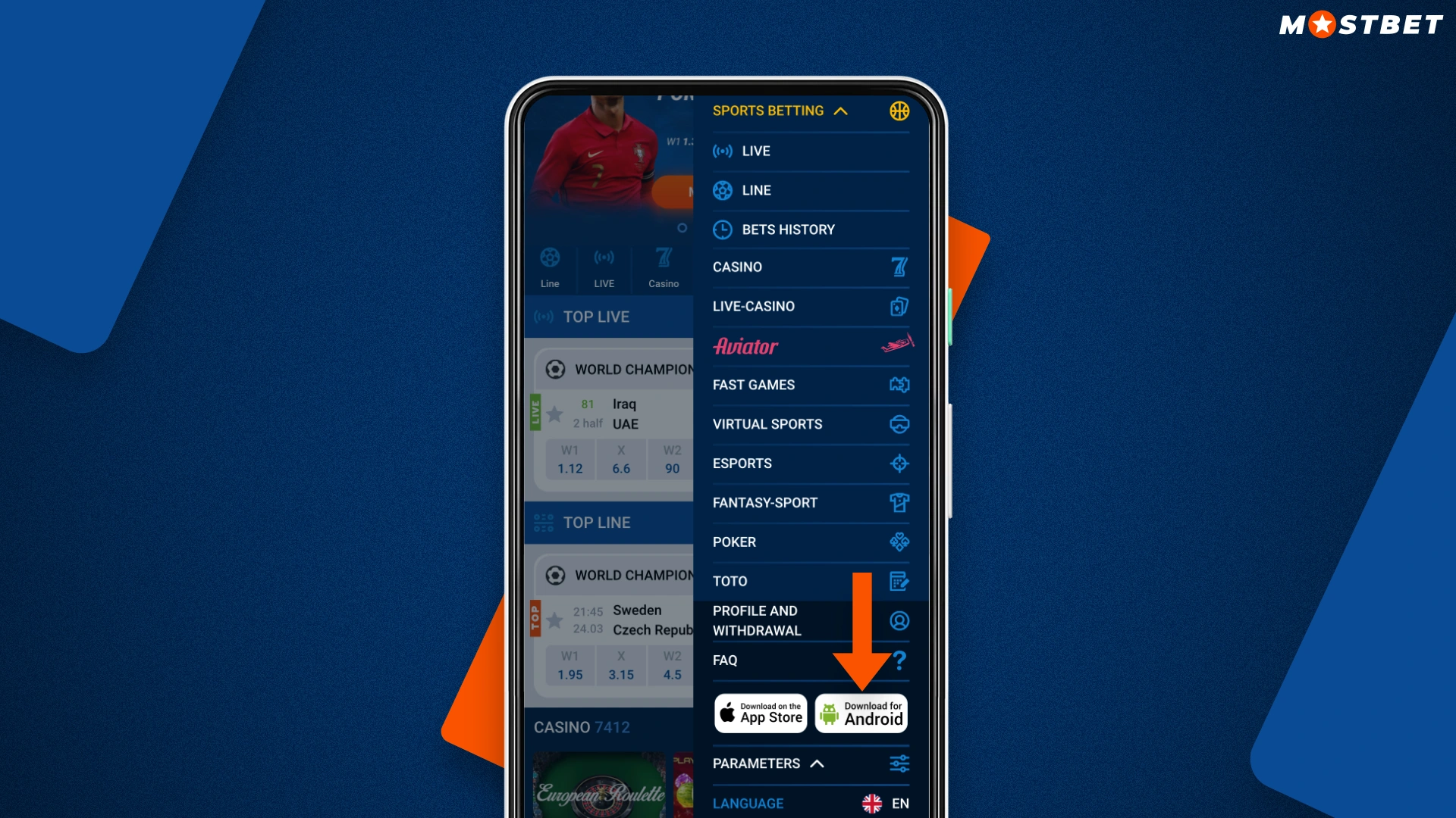 main menu of the mobile version of mostbet