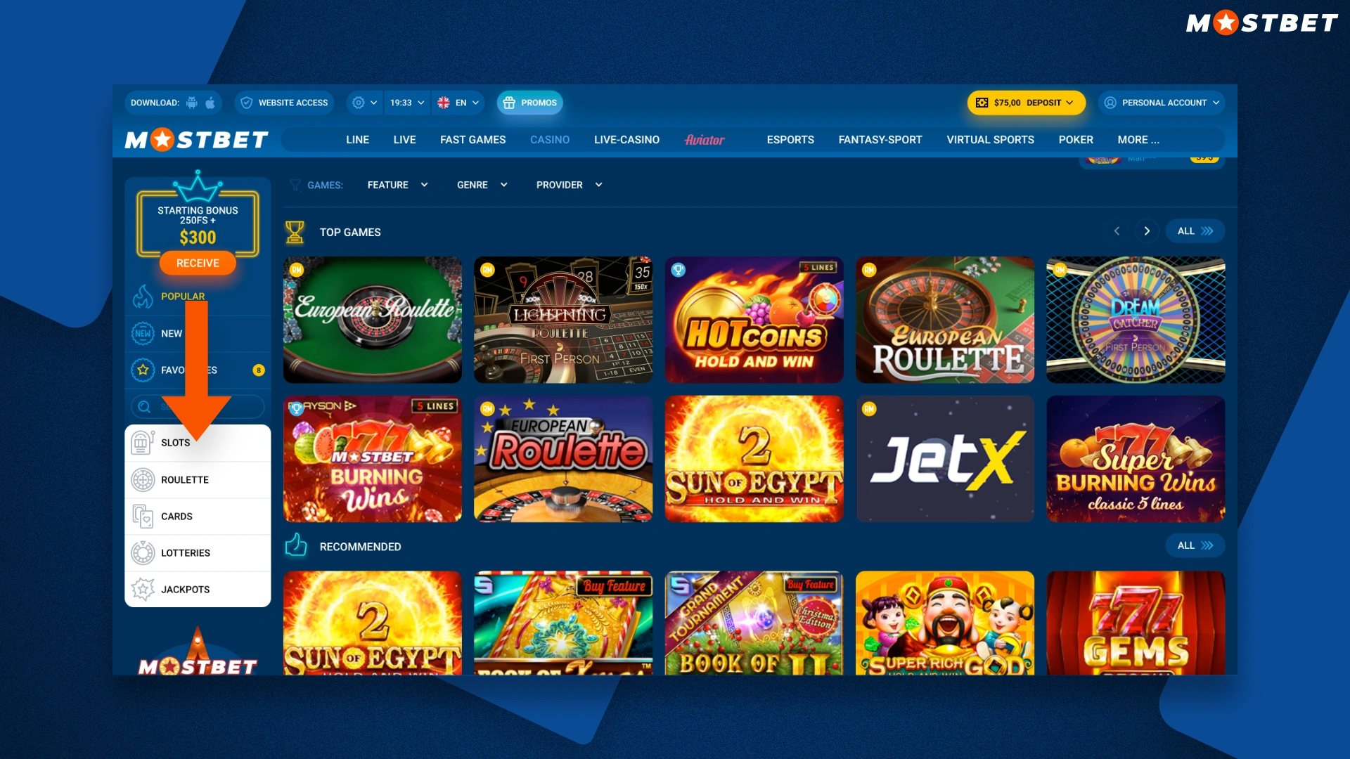 casino section at mostbet website