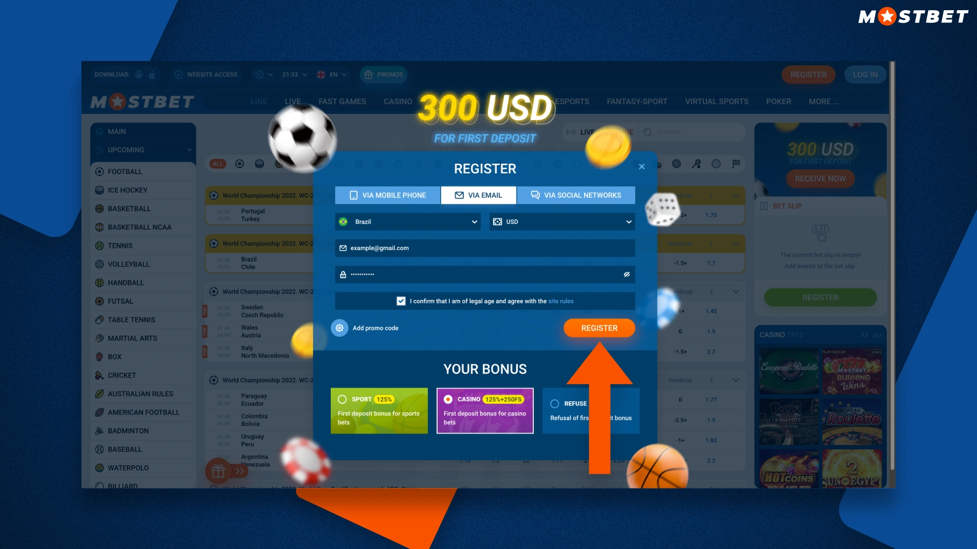 Complete the registration process at mostbet