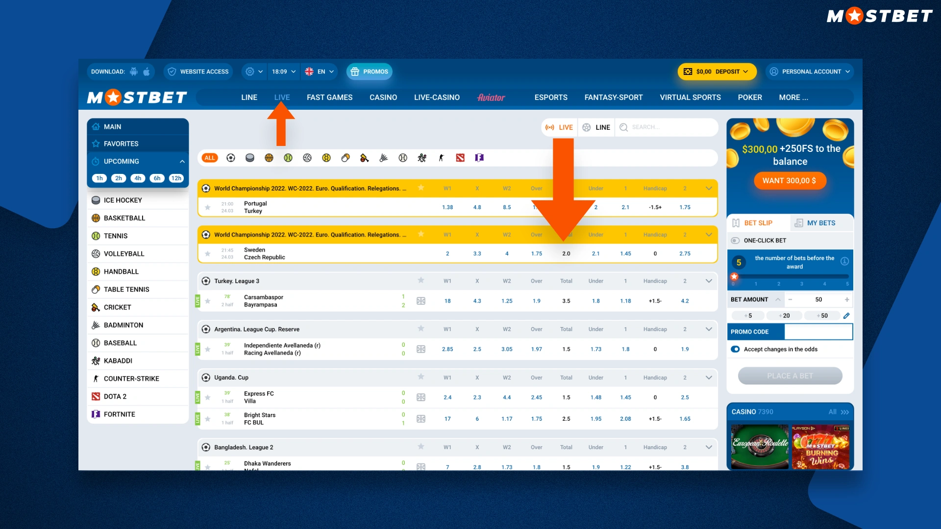 live betting - watch the match and make bets at the same time