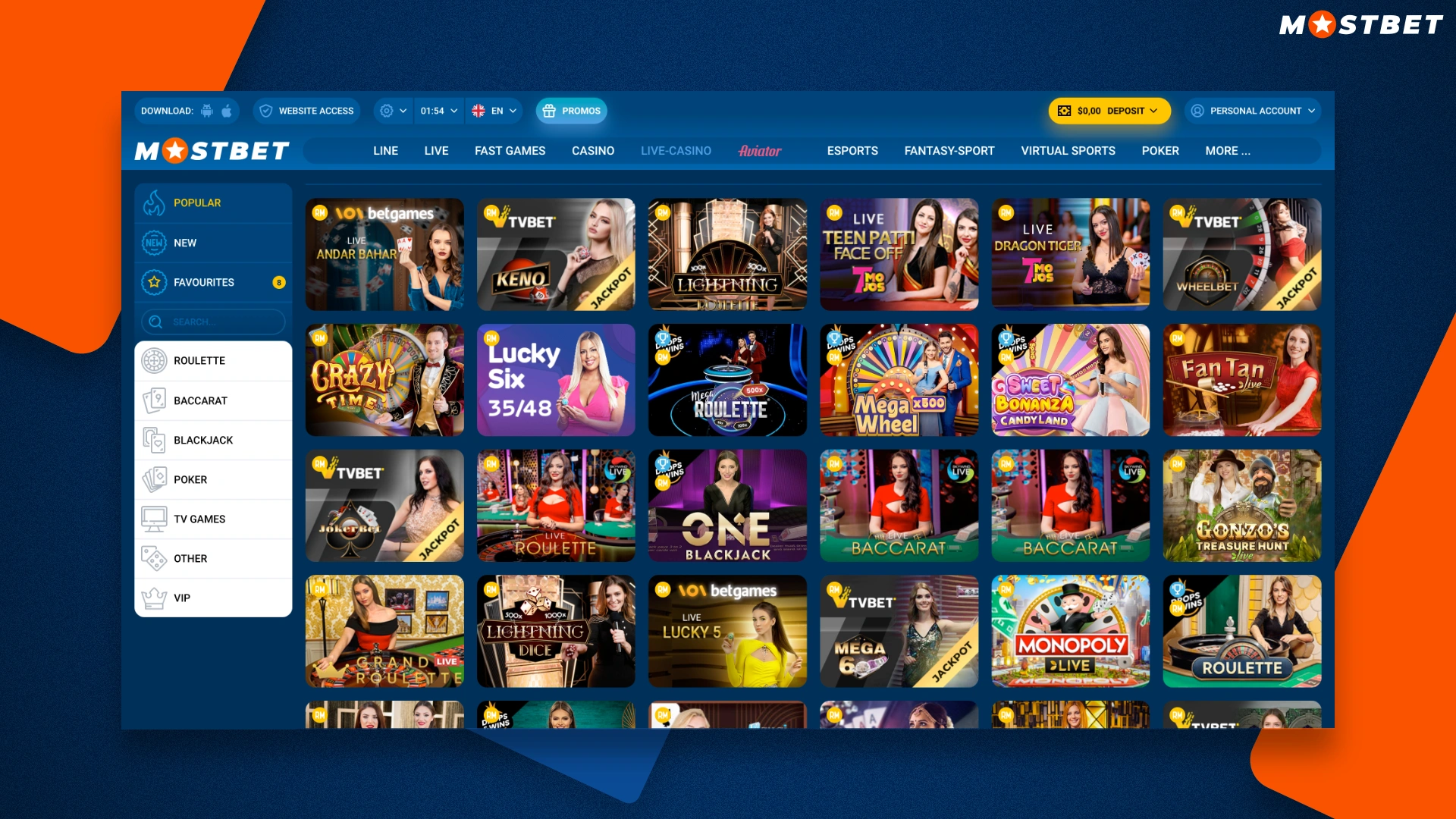 live casino mostbet allows you to play games with real croupiers