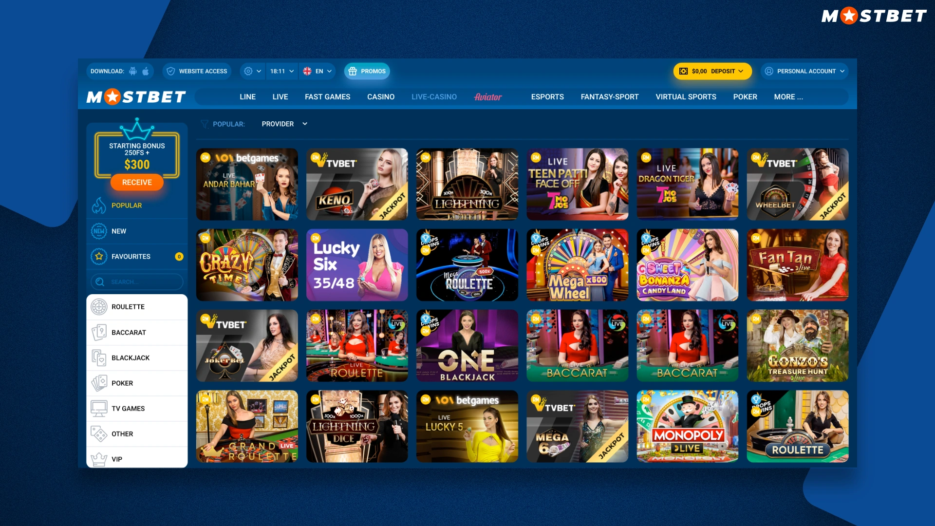 Juegos más populares del casino en vivo Mostbet