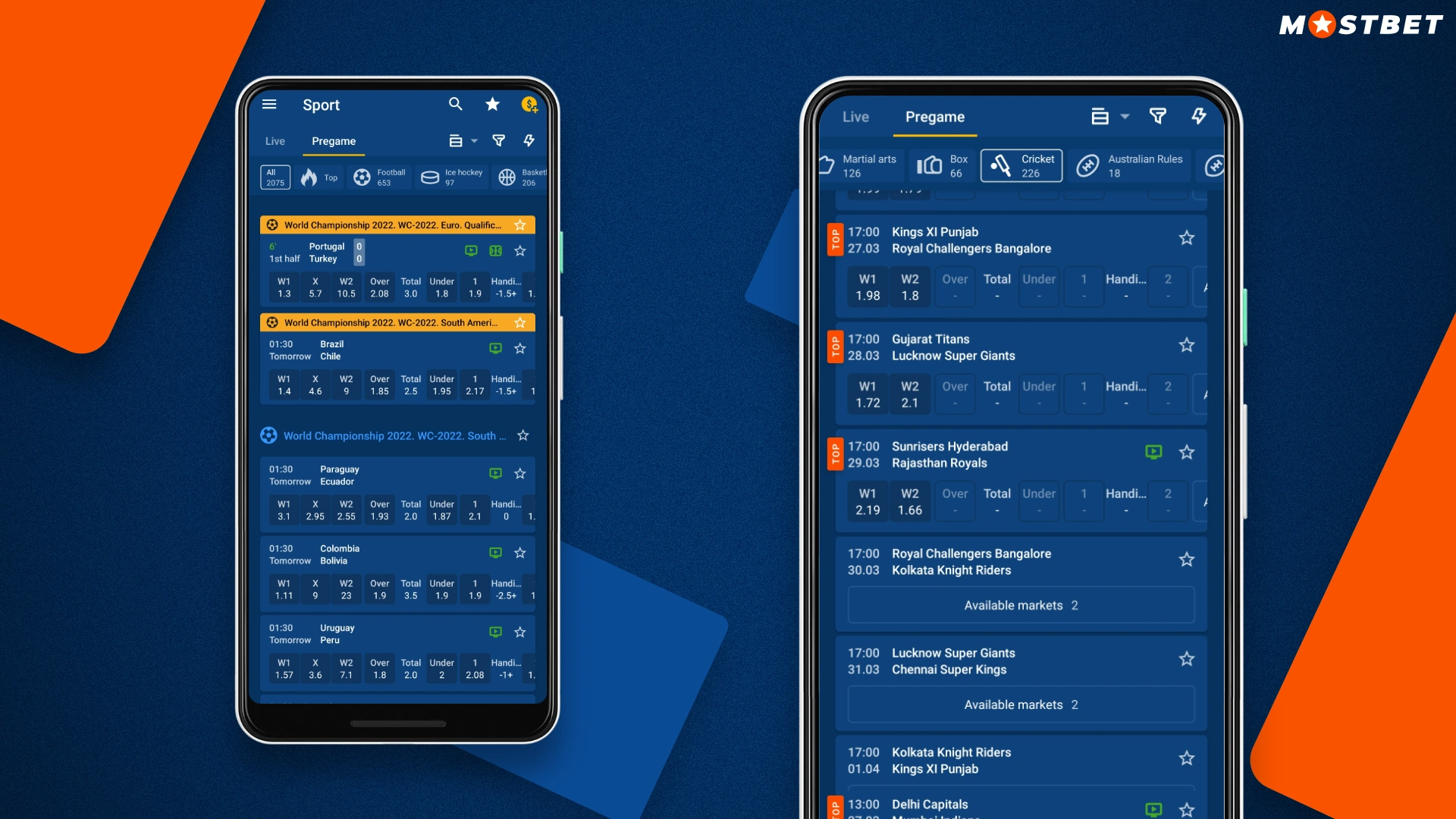 in the mostbet app players can bet on the most popular sports