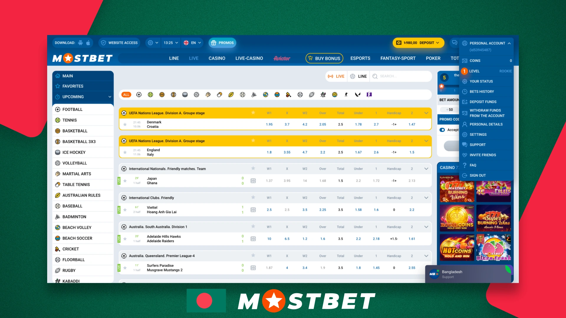List of live events on which you can bet on the Mostbet website in real time