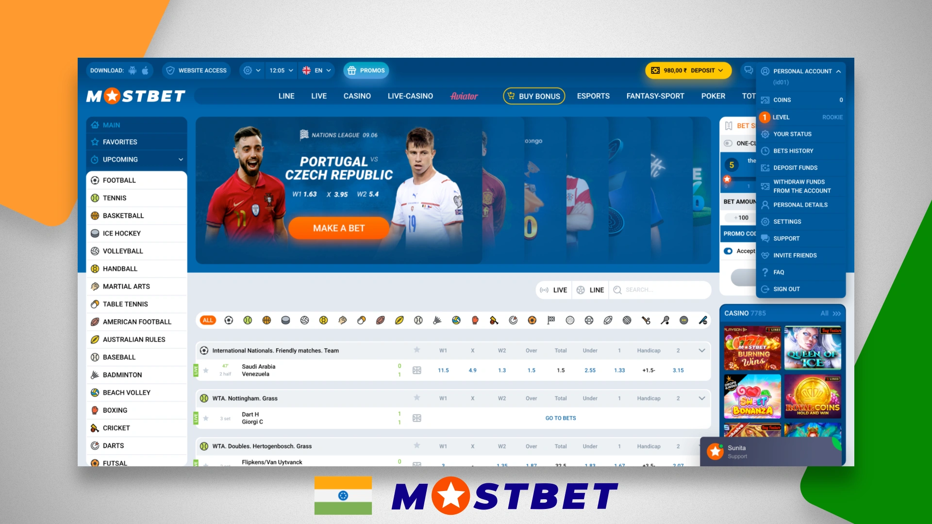 Home page of the official site for sports betting Mostbet India