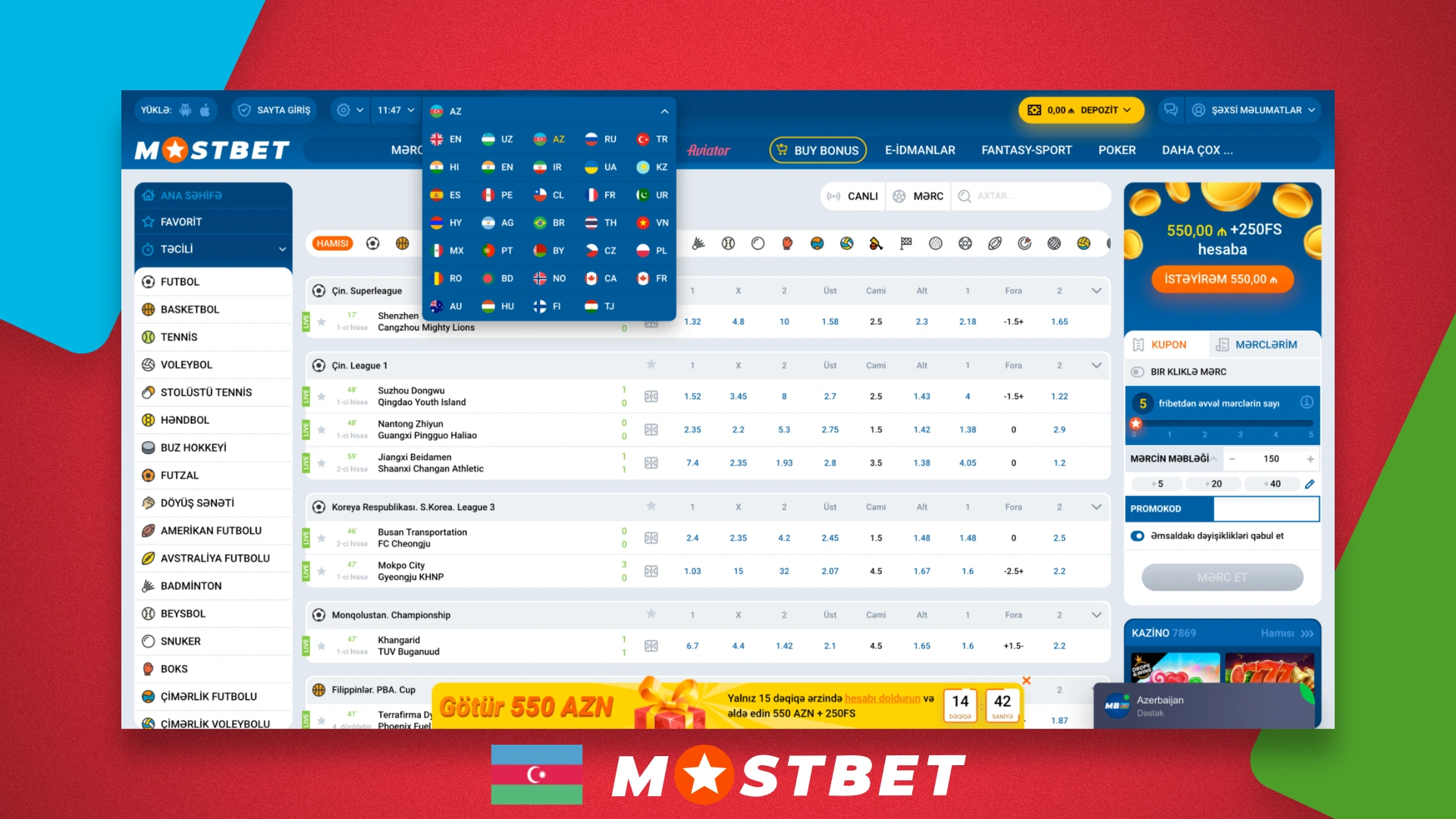Home page of the official site Mostbet AZ