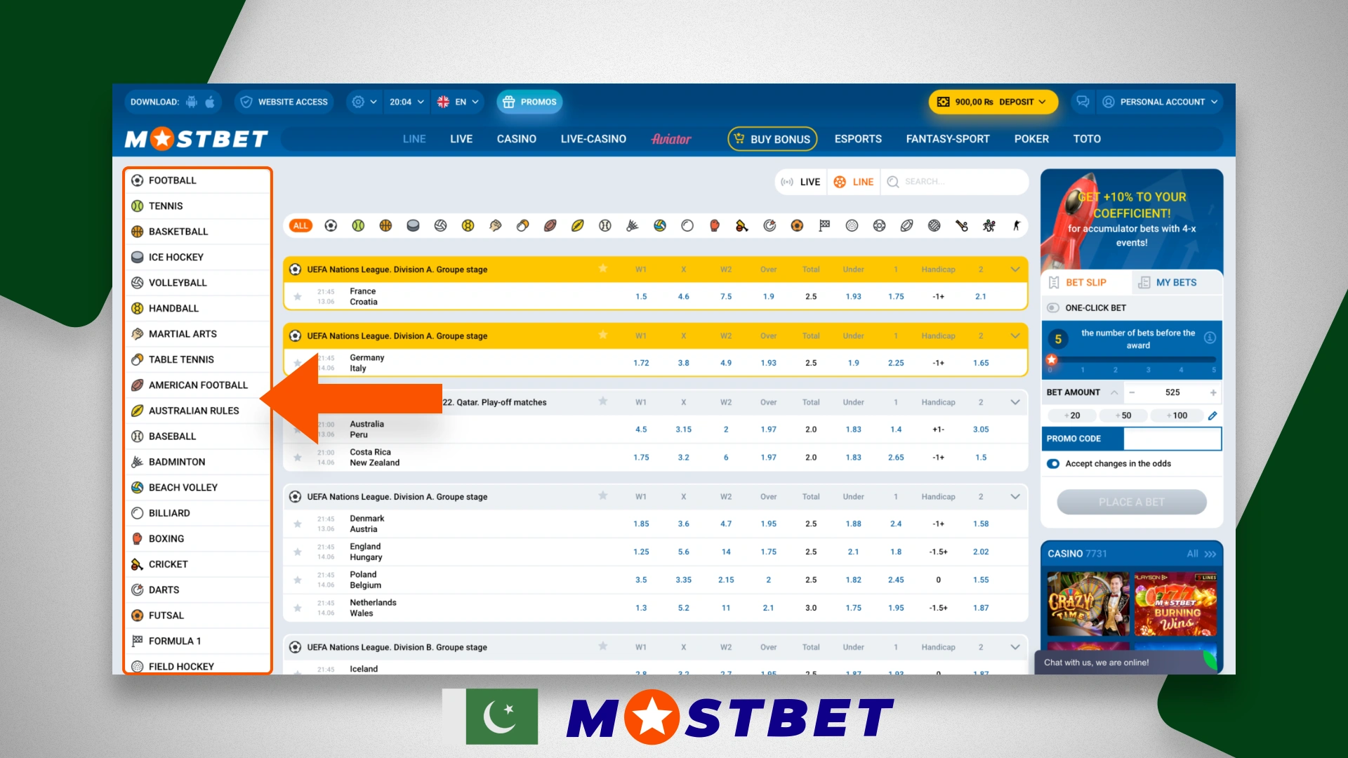 List of available sports on which you can bet on the official website Mostbet Pakistan