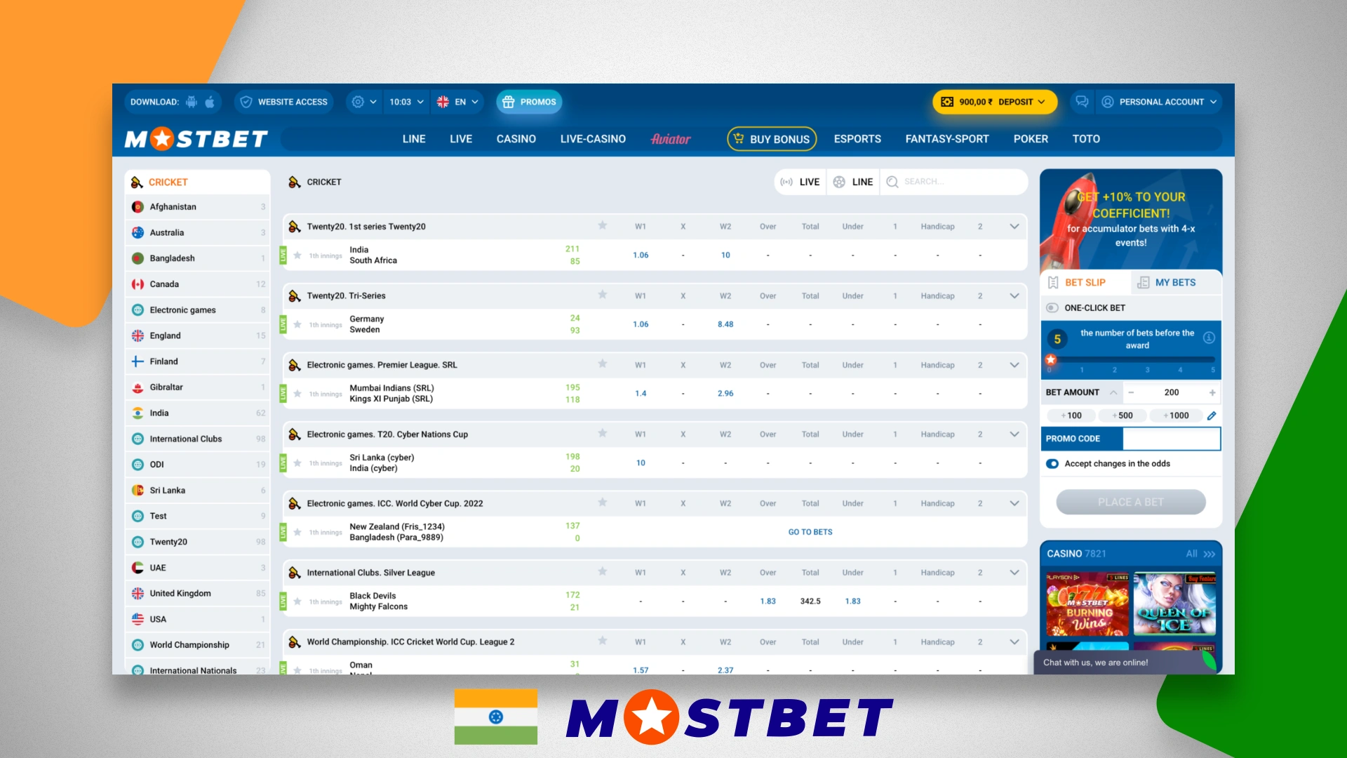 Cricket betting page on Mostbet India website