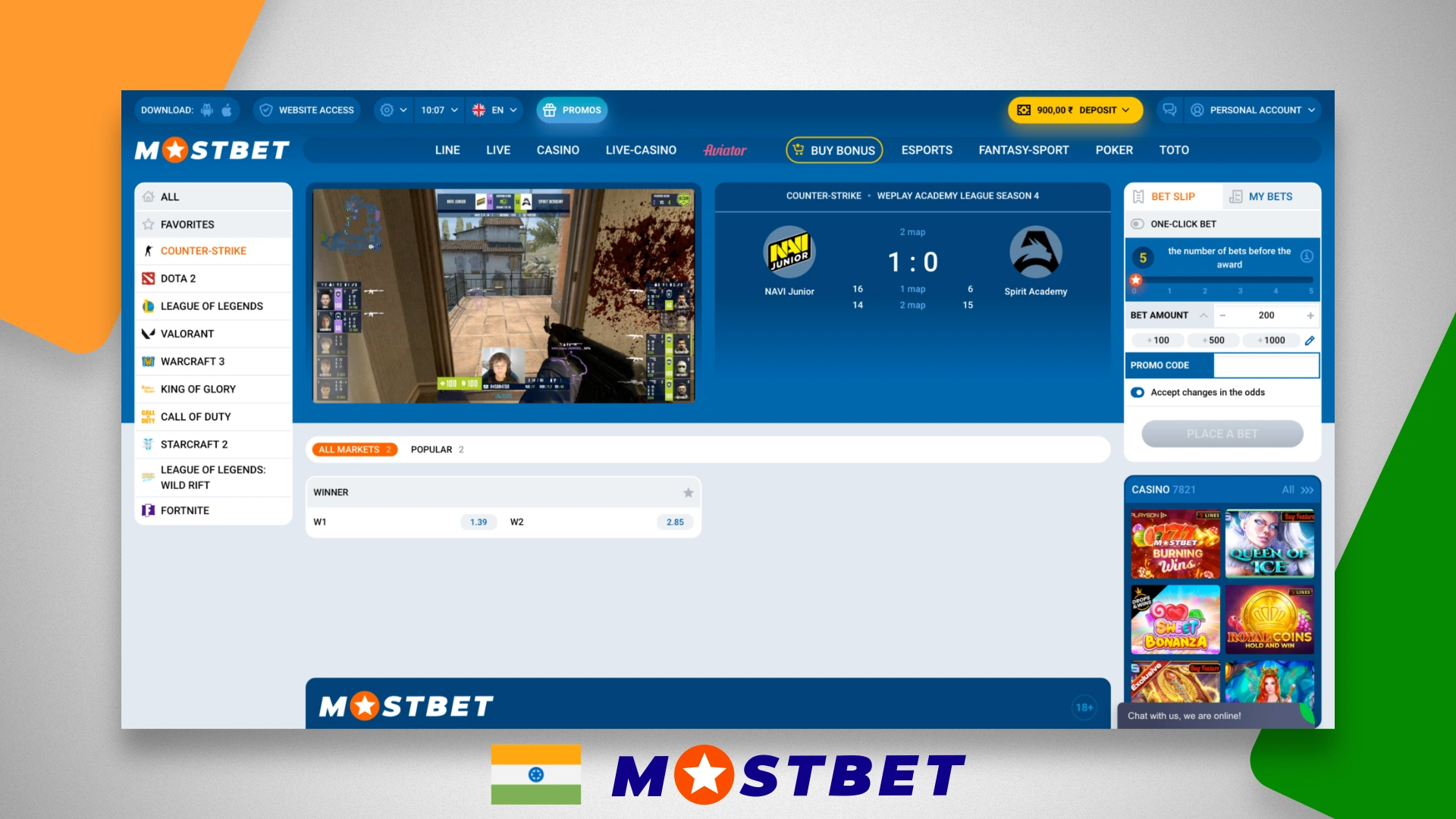 Page of the selected eSports match with live broadcast on Mostbet