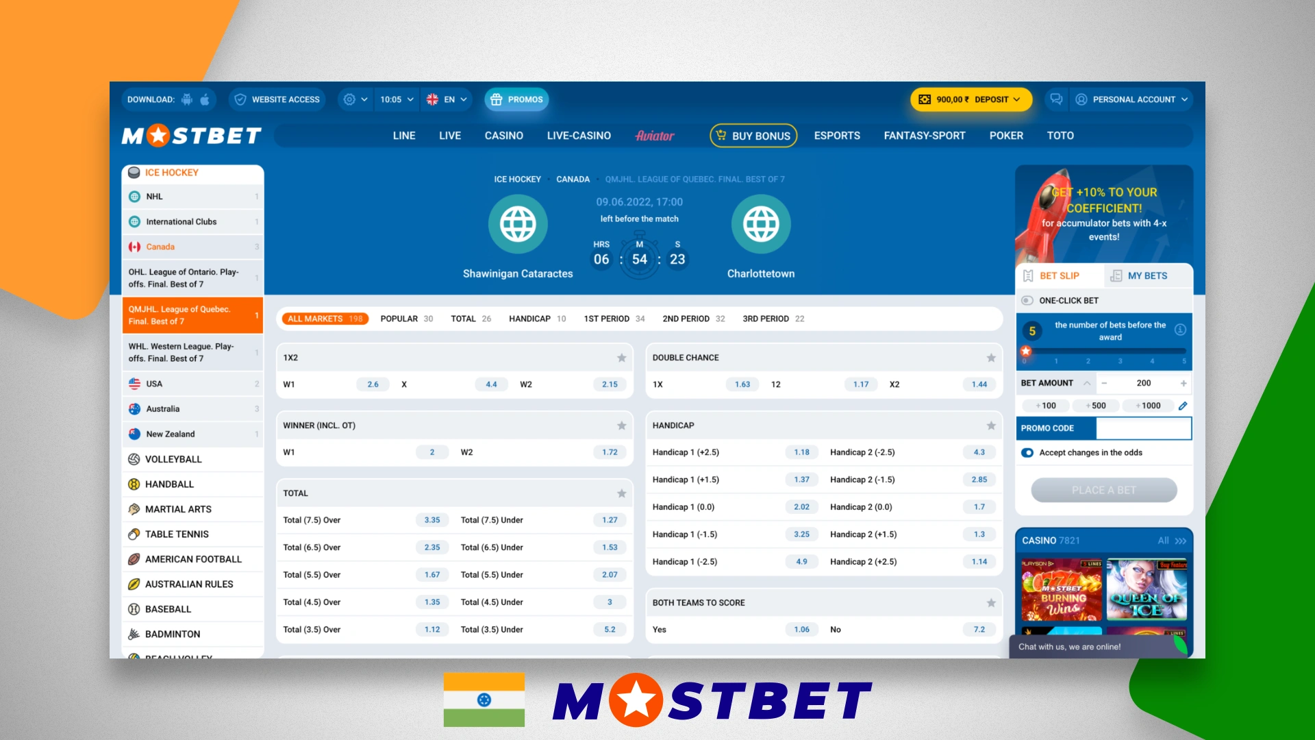 The page of the selected hockey match on the Mostbet India website