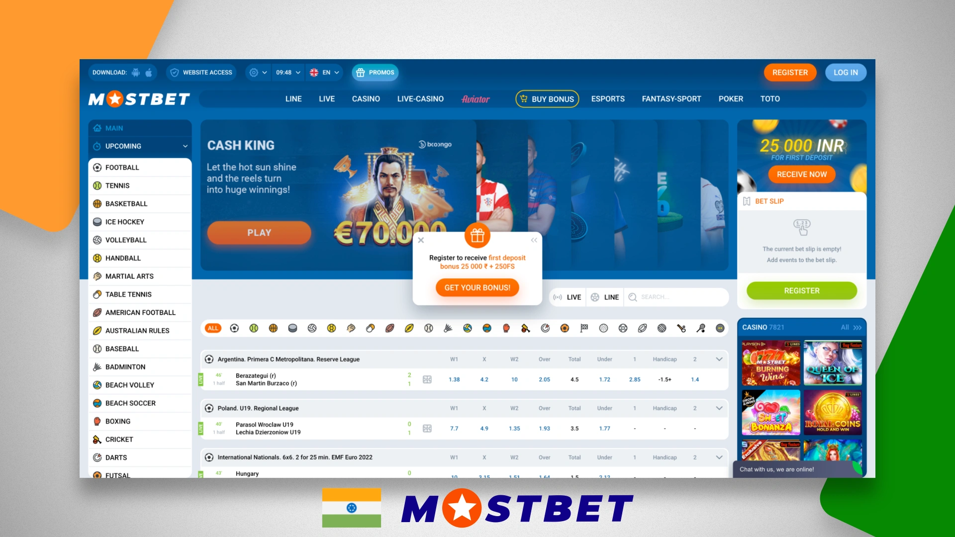 Home page of the betting company Mostbet India
