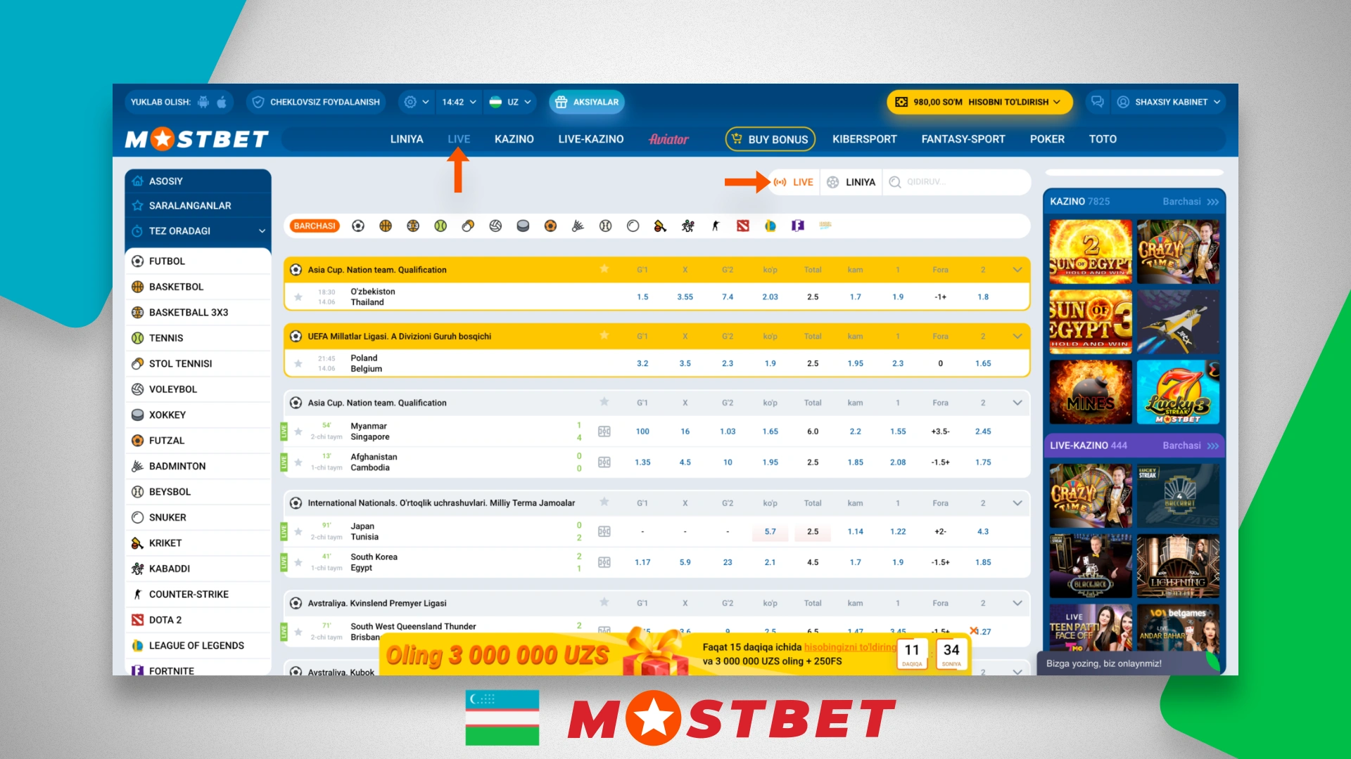 Live betting on matches in real time