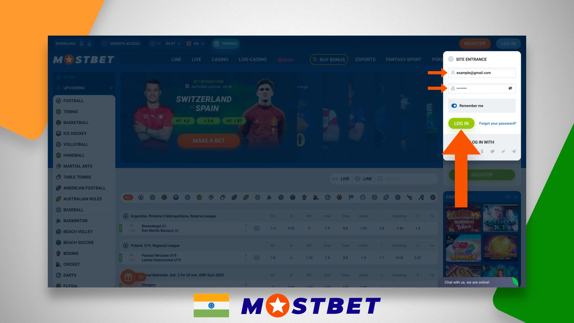 Logging into the personal cabinet on the Mostbet website