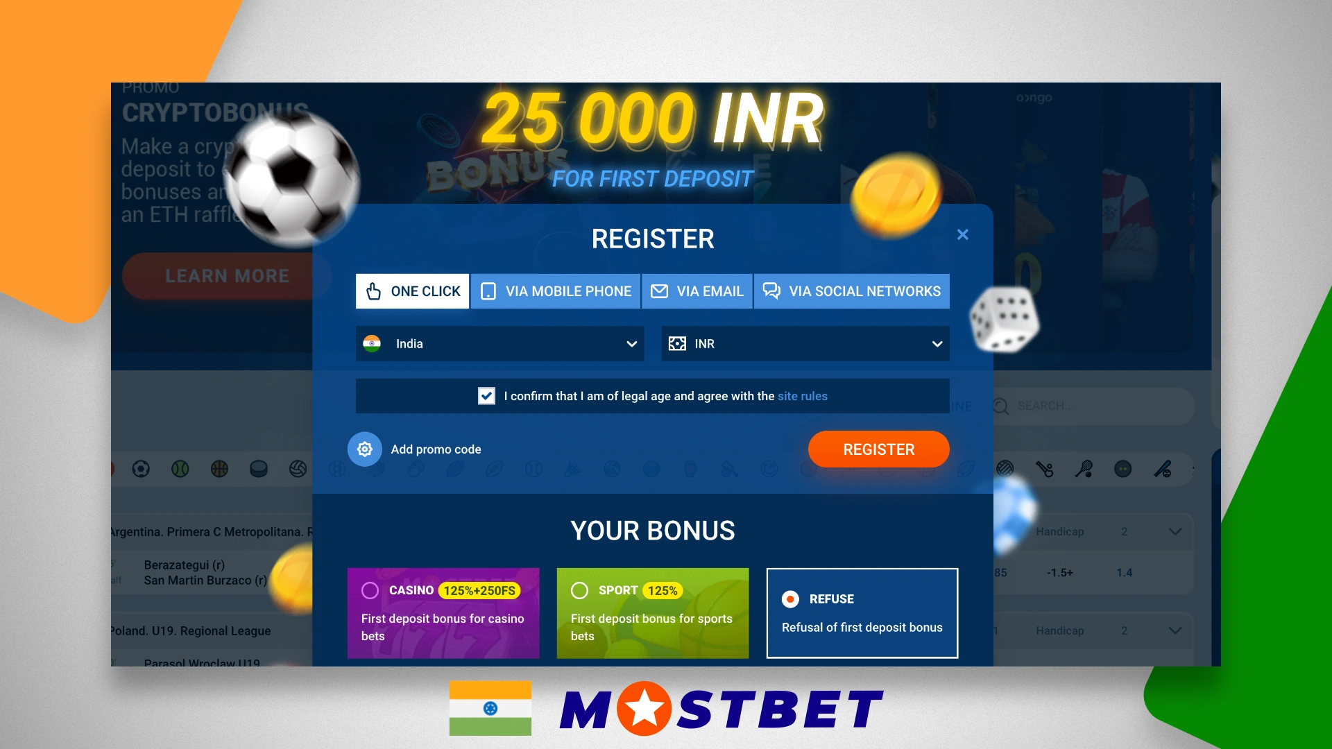 Choice of welcome bonus for new Mostbet players at registration