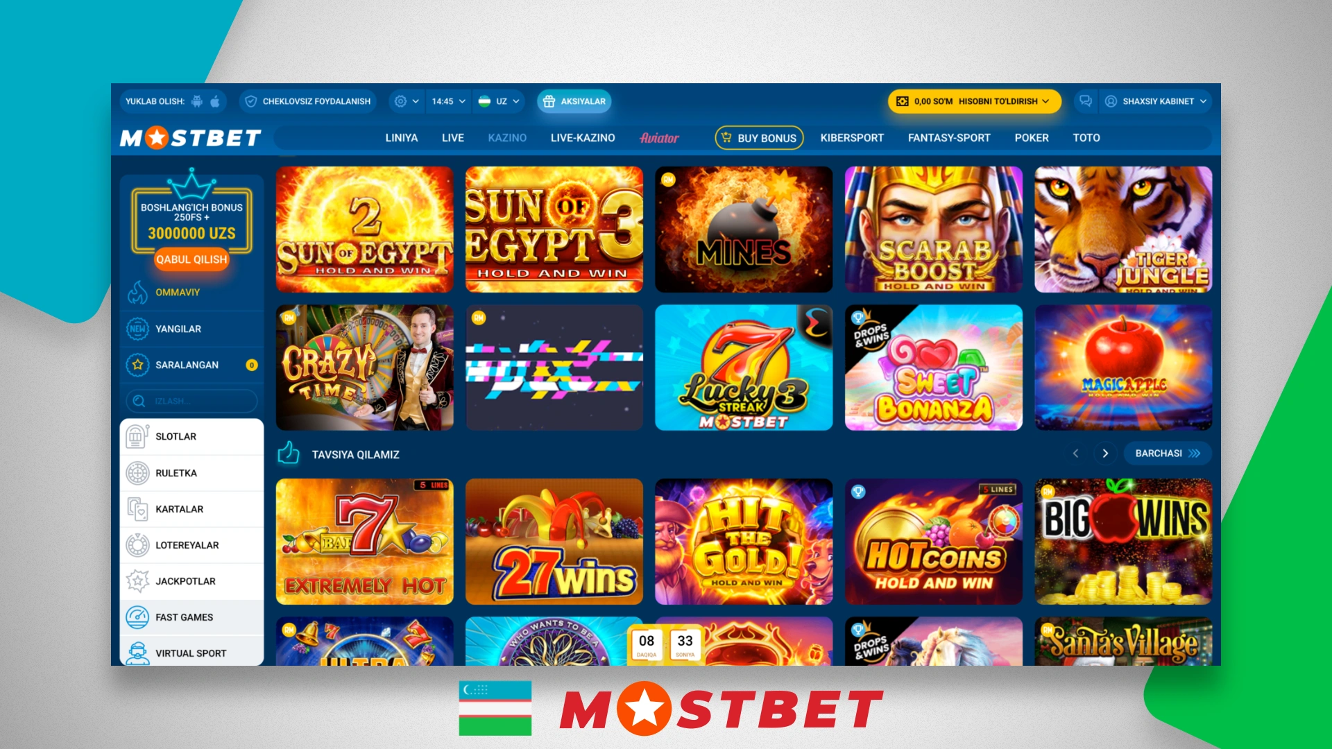 A separate section Online casinos on the site Mostbet UZ