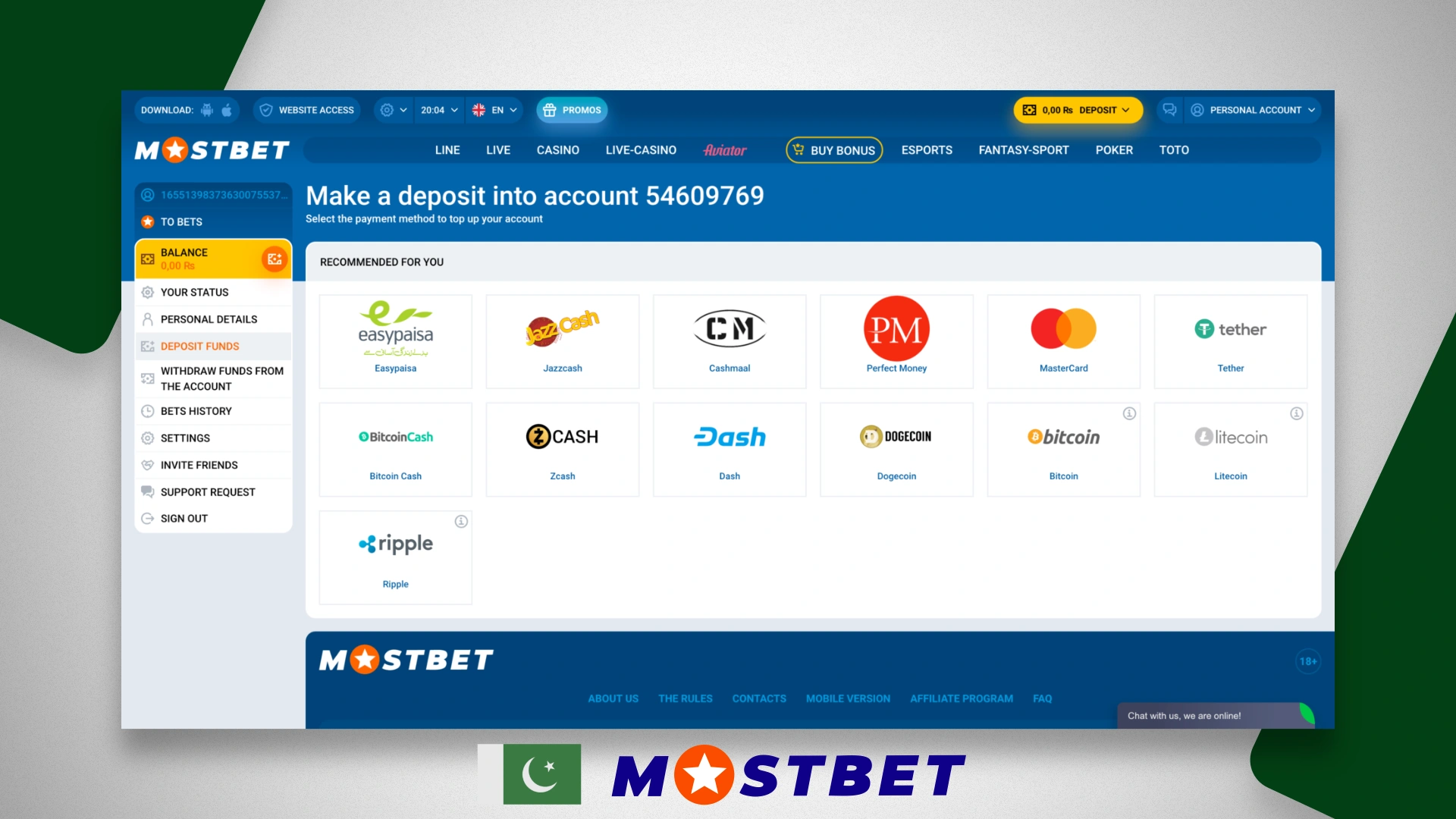 List of payment systems available on the Mostbet website for clients from Pakistan