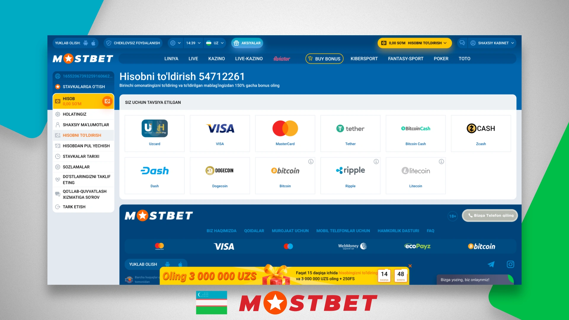 Available payment methods Mostbet in Uzbekistan