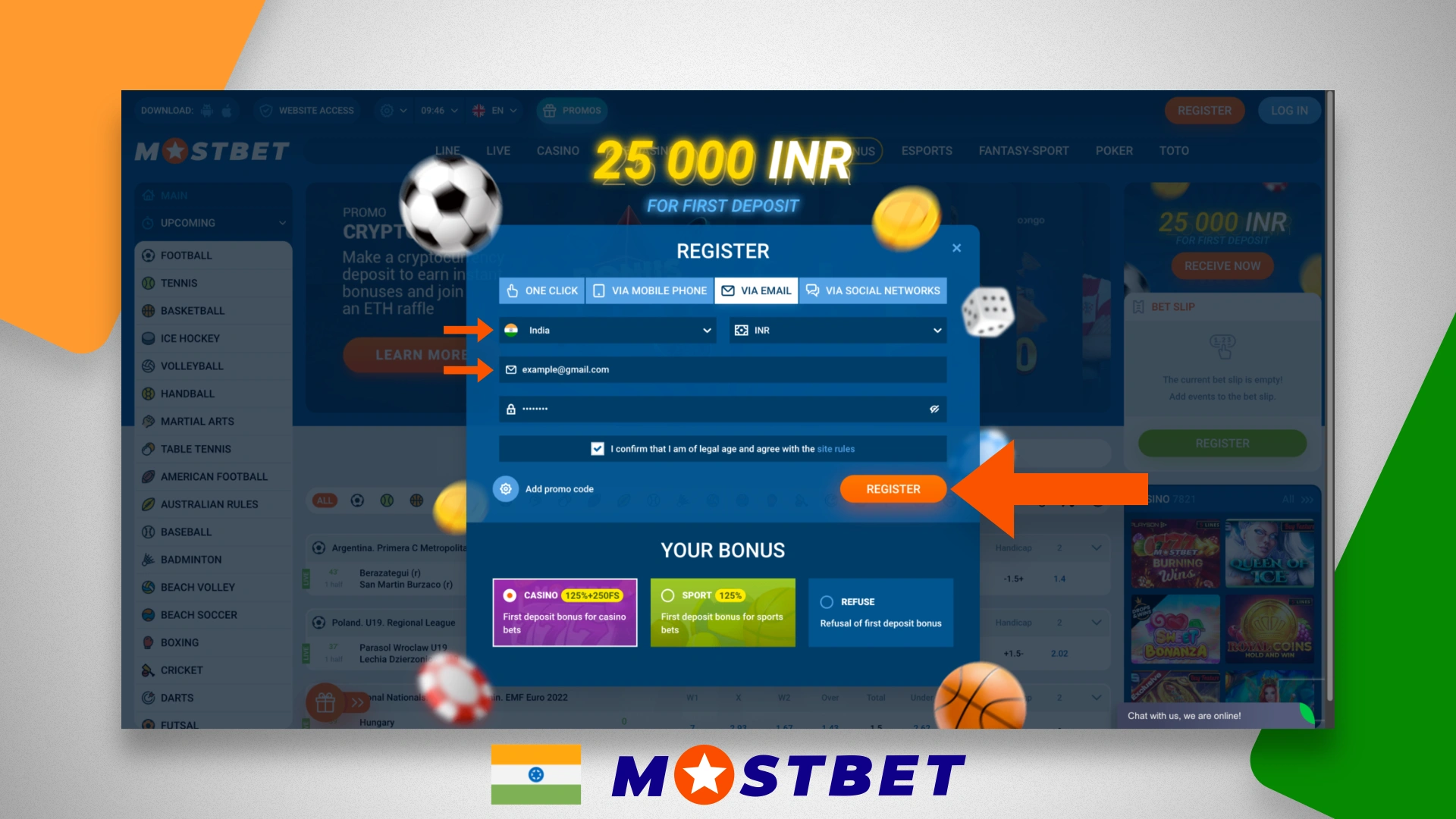 New user registration form on the Mostbet India website