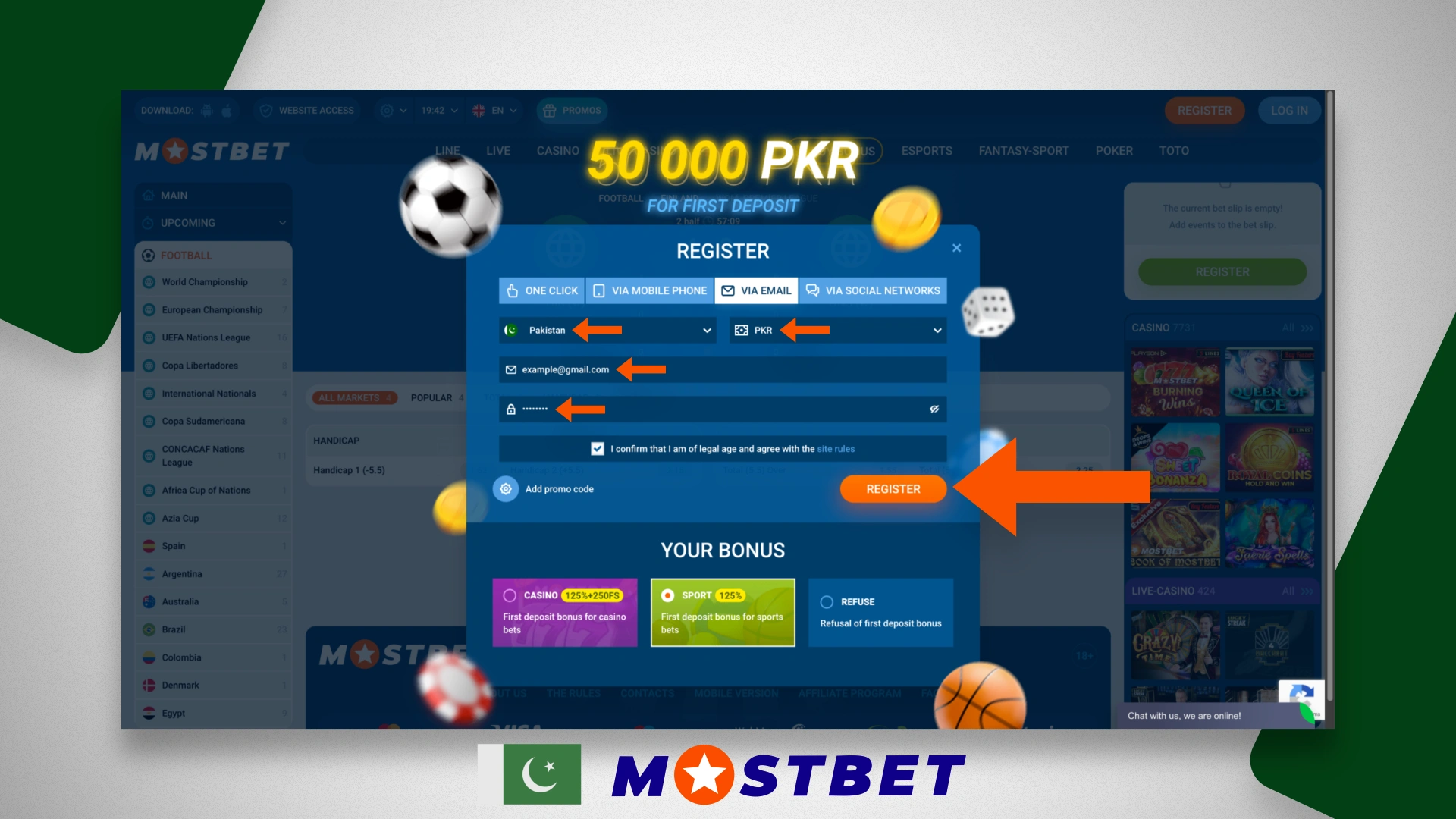 New customer registration form from Pakistan on Mostbet website
