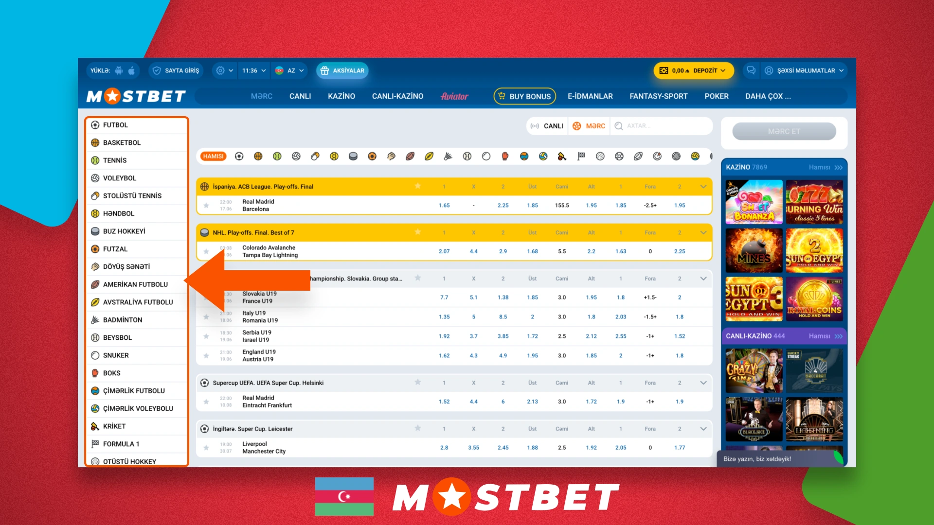 List of different sports, on which can bet on the site Mostbet AZ