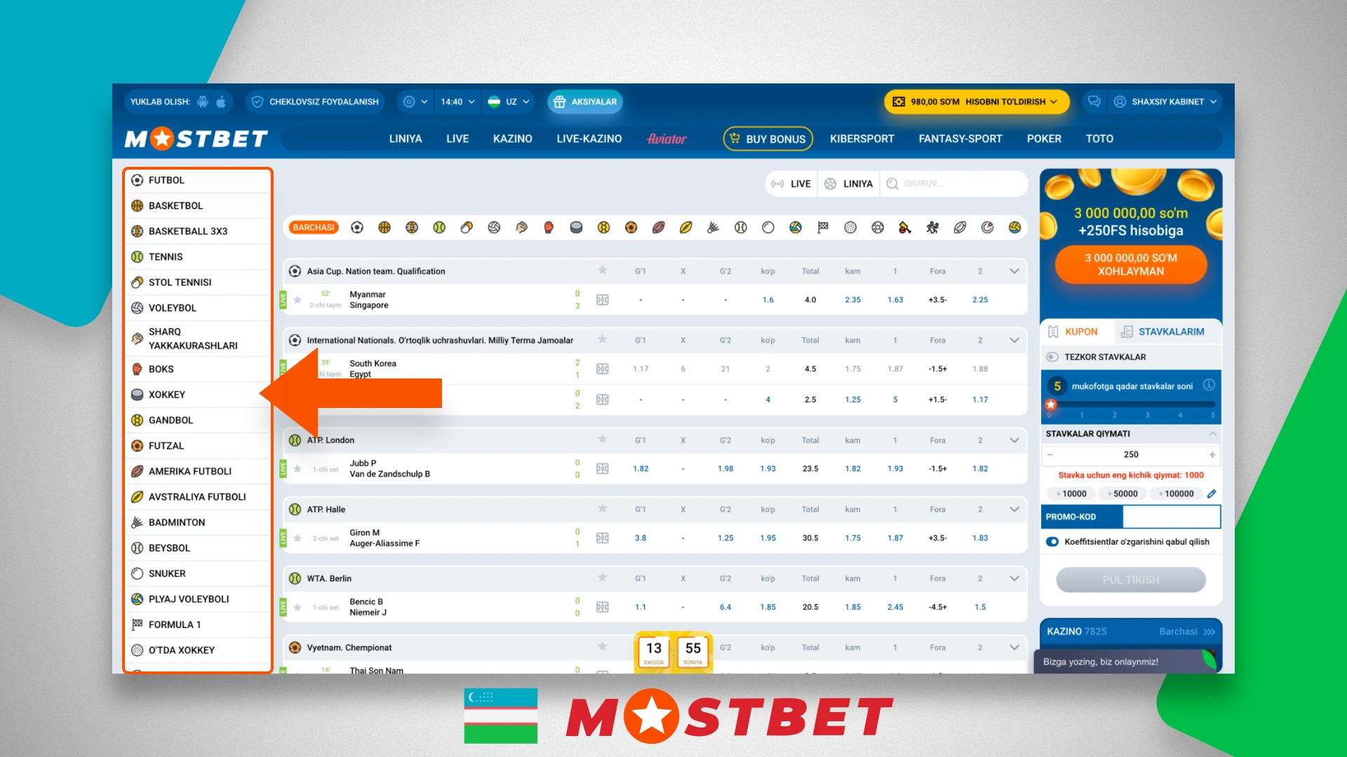 Sports on which you can bet on the site Mostbet UZ