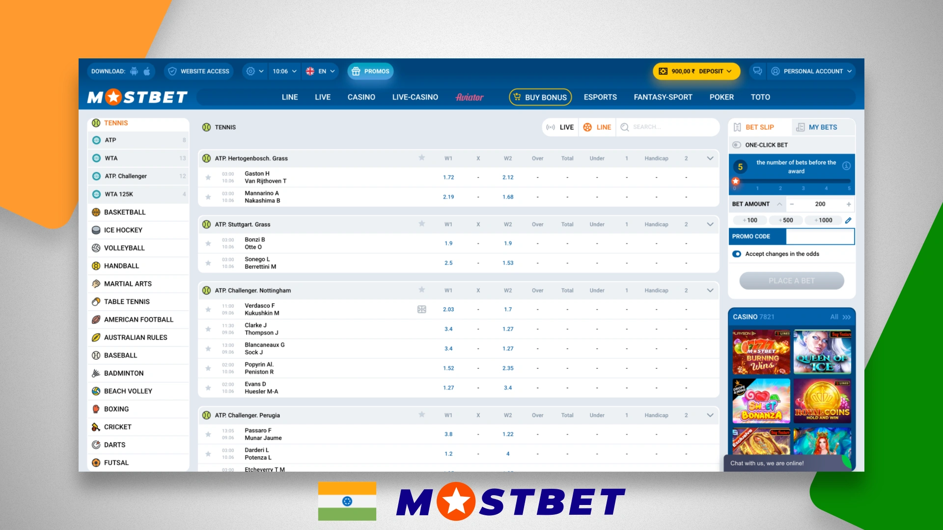 List of available tennis matches on which you can bet on the Mostbet website