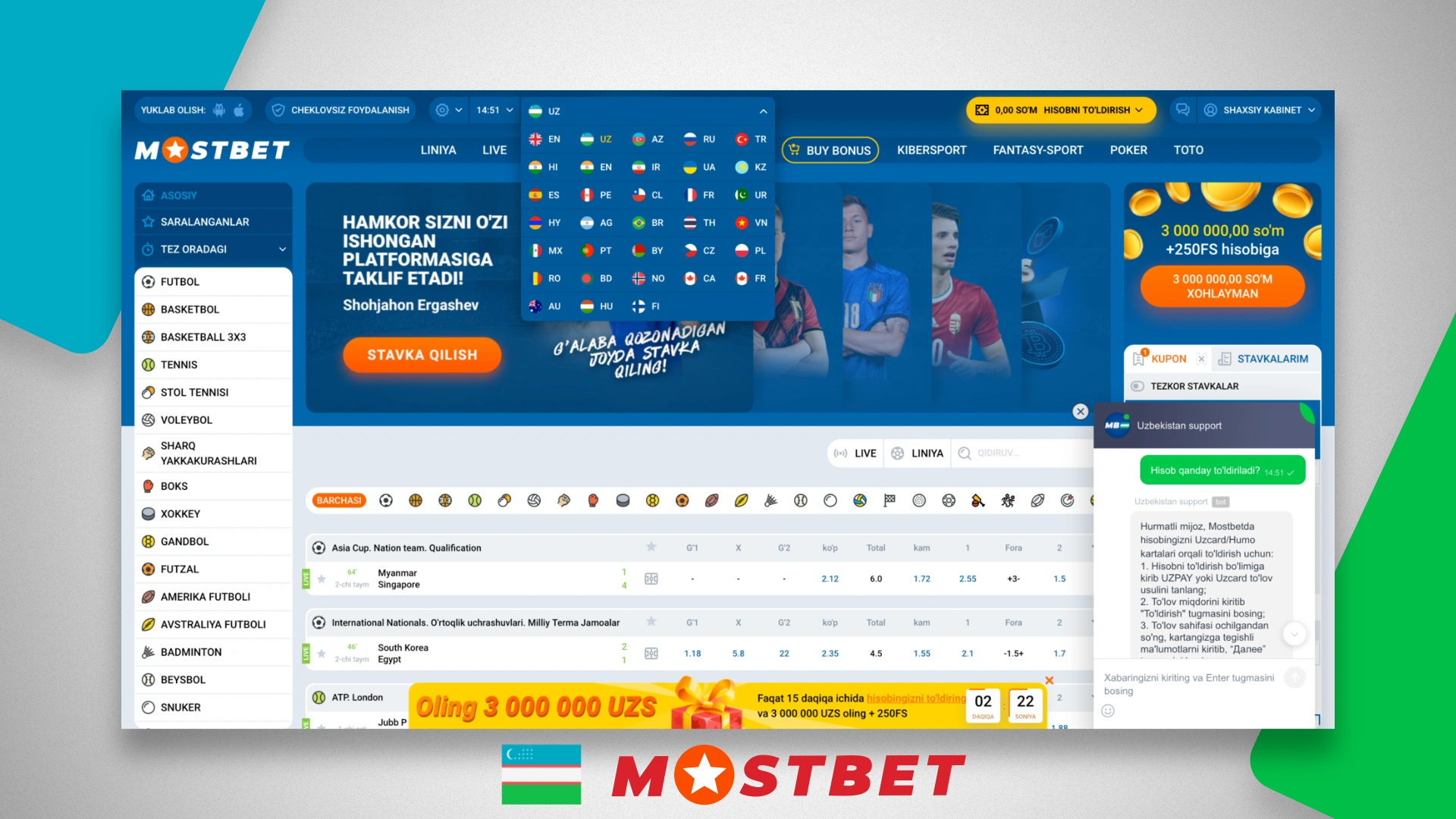 Home page of the betting company Mostbet in Uzbekistan