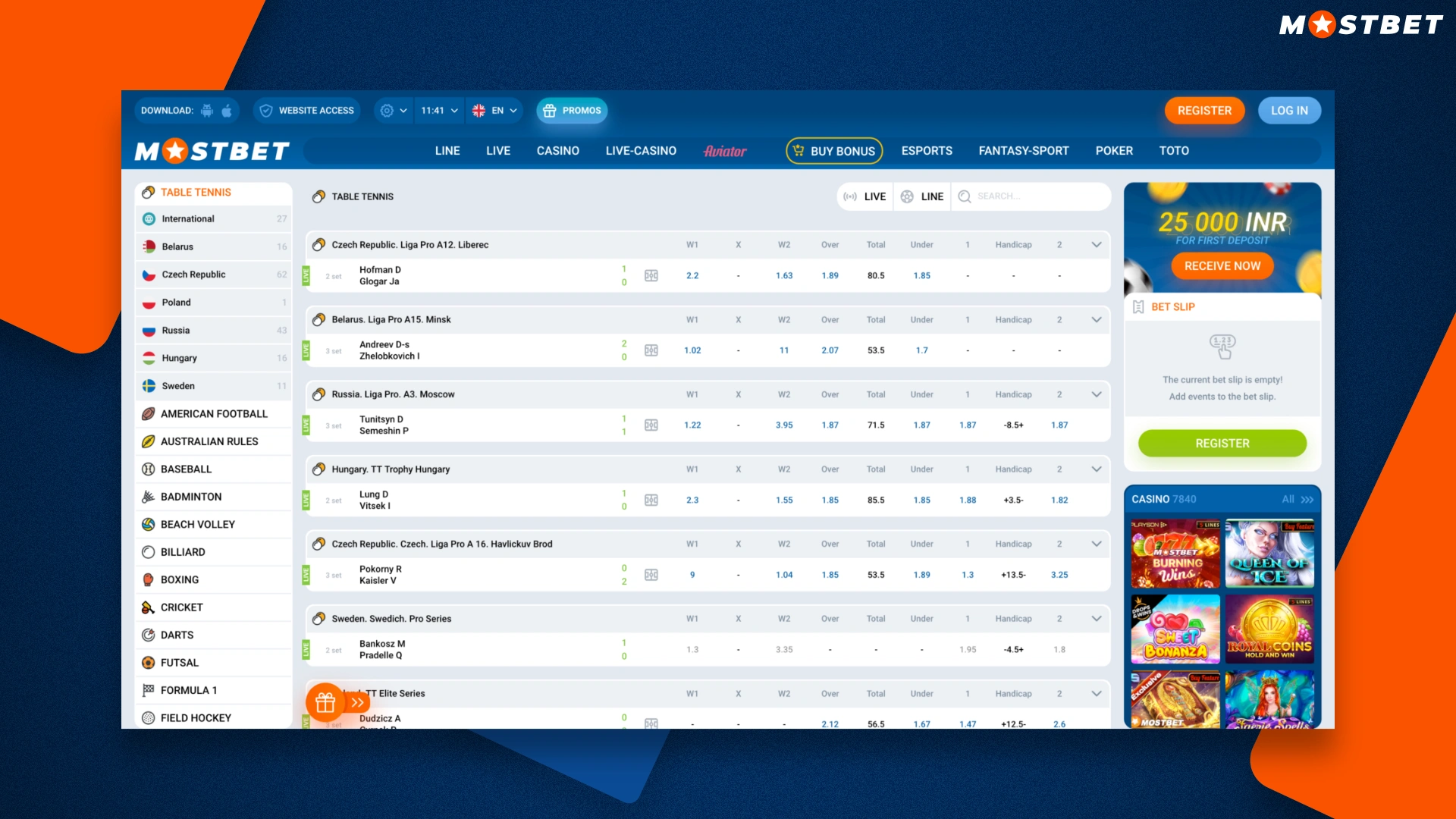 Apuestas de tenis de mesa en Mostbet