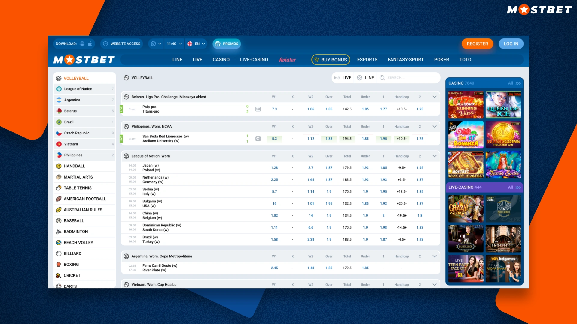 Lista de partidos de voleibol a los que se puede apostar en la web de Mostbet